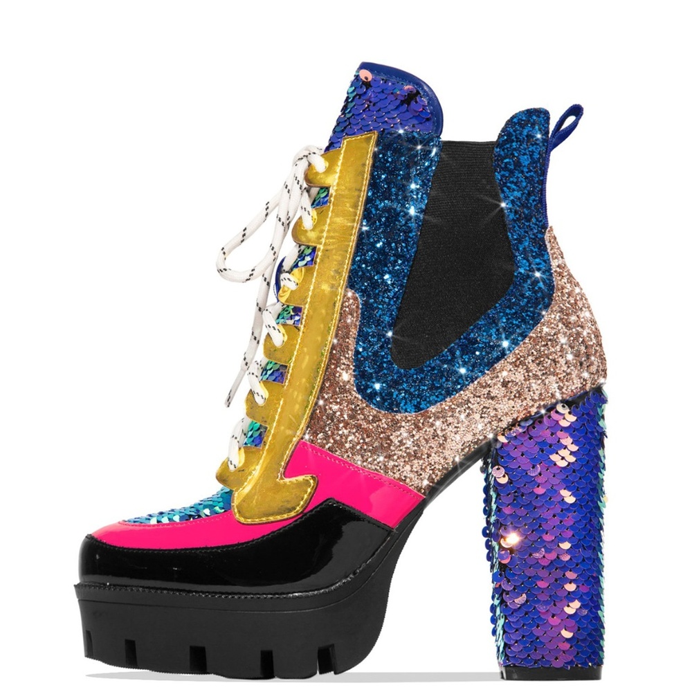NEW🔥 Sequin Glitter Combat Platform Heel Booties - Picture 3 of 4